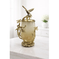 Metal Kuşlu Leaf Cam Kapaklı Dekoratif Vazo 38 cm Metal Kuşlu Leaf Cam Kapaklı Dekoratif Vazo 38 cm
