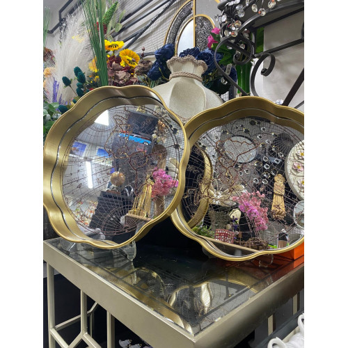 Aynalı 2 Li Dekoratif Tepsi Harita Desenli 34cm-35cm