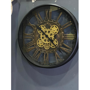 Metal Görünümlü Çarklı Duvar Saati Siyah 50 cm