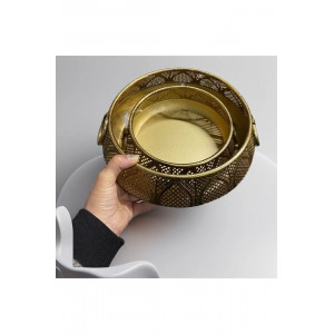 2 Li Set Metal Eskitme Dekoratif  Gold Saksı  Altlığı
