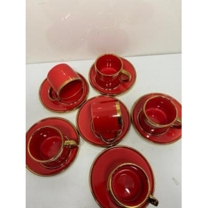 Kırmızı Yaldızlı Porselen 6 Kişilik Lüx Kahve Fincanı