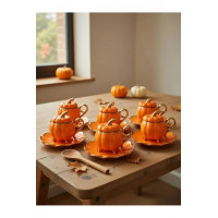 6’lı Pumpkin Balkabağı Desenli Fincan Takımı - Kapaklı ve Ayaklı Model
