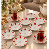  Porselen Kırmızı Beyaz Kahveci Otantik Çay Tabağı 12'li Geniş Taban