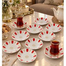 Porselen Kırmızı Beyaz Kahveci Otantik Çay Tabağı 12'li Geniş Taban Porselen Kırmızı Beyaz Kahveci Otantik Çay Tabağı 12'li Geniş Taban