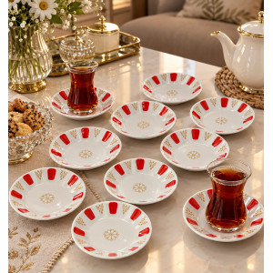  Porselen Kırmızı Beyaz Kahveci Otantik Çay Tabağı 12'li Geniş Taban