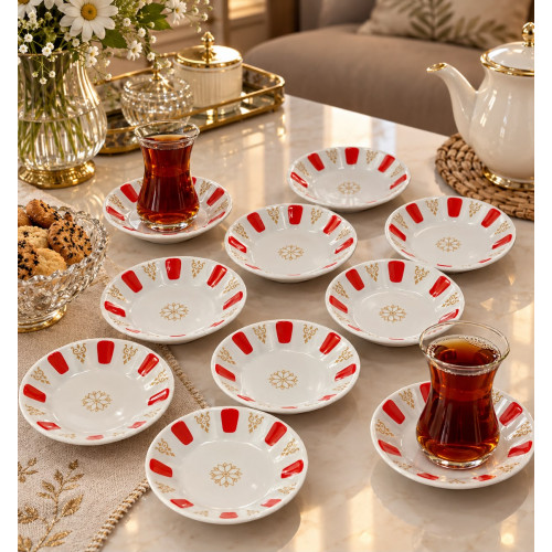  Porselen Kırmızı Beyaz Kahveci Otantik Çay Tabağı 12'li Geniş Taban