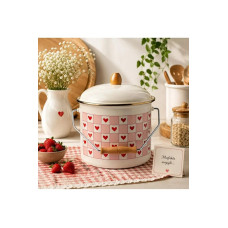 Emaye Bakraç Kapaklı 20 cm | Kalp Desenli Vintage Emaye Kova | Yoğurt, Turşu, Bakliyat Saklama 5 lt
