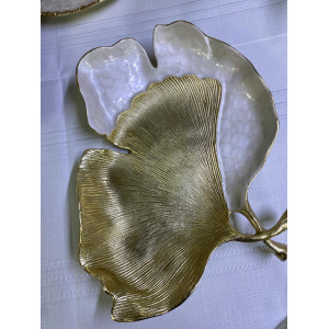 Ginkgo Sedefli Yaprak Dekoratif Metal Kase 38*37*7cm